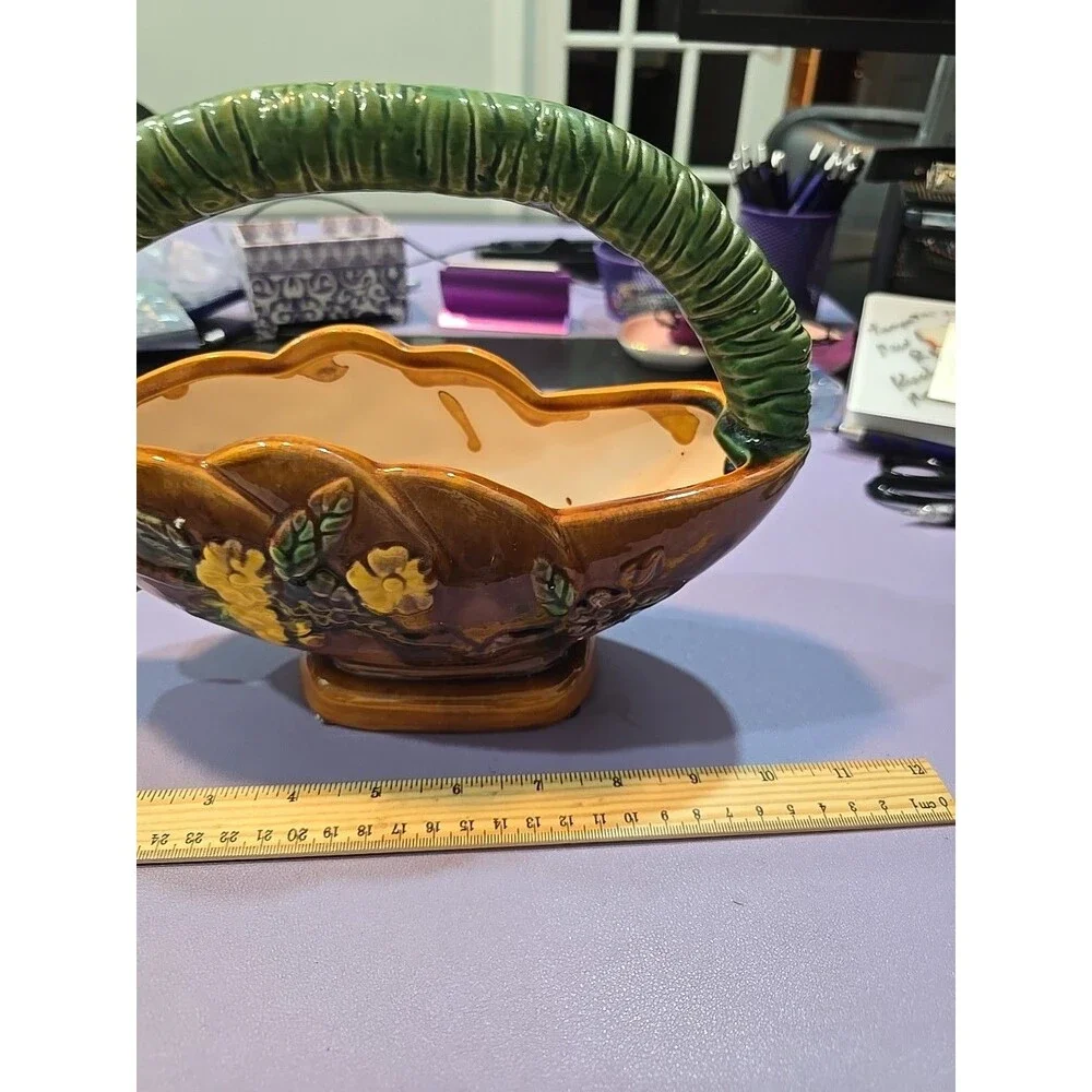 Vintage Twig Handle Handled Basket Planter With Flowers